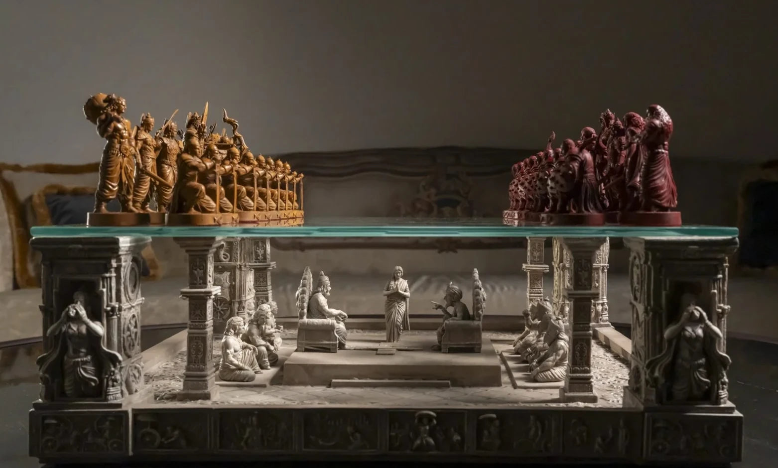 The Battle of Kurukshetra artefact: Pandav and Kaurav armies on the glass, the court of Hastinapur beneath