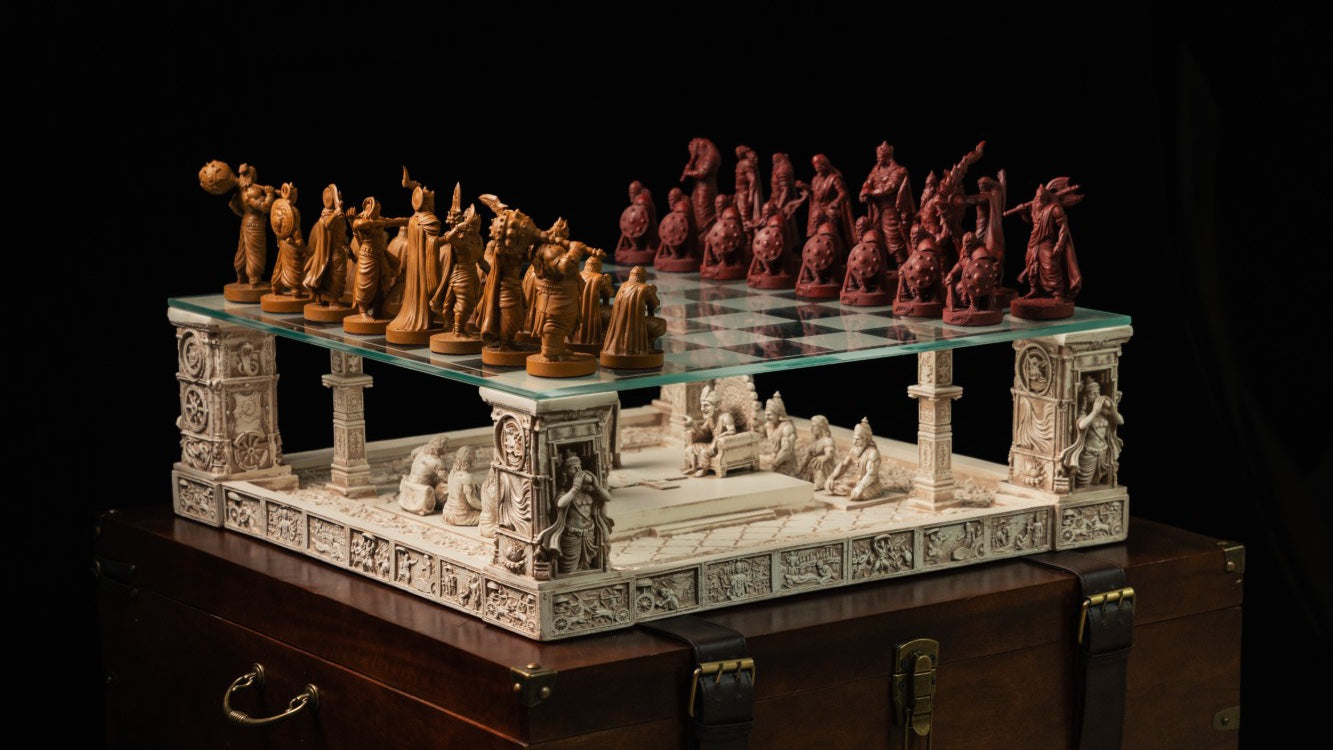 The Battle of Kurukshetra artefact standing on its sandook, against black