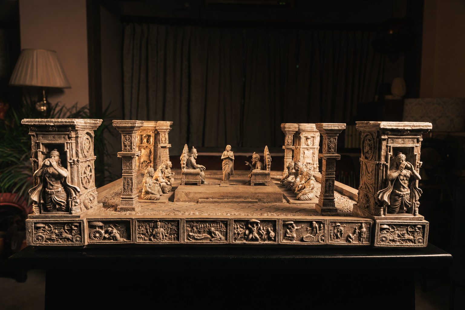 The Battle of Kurukshetra artefact base with carved pillars