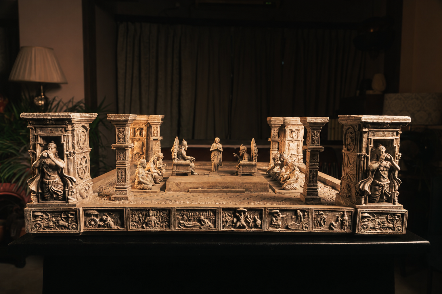 The Battle of Kurukshetra artefact base with carved pillars