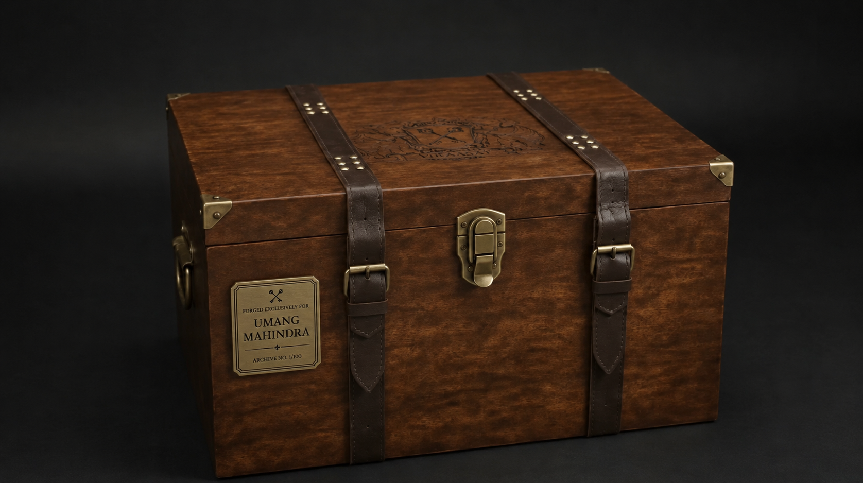 Viraasat sandook-style wooden chest packaging with brass name-plate