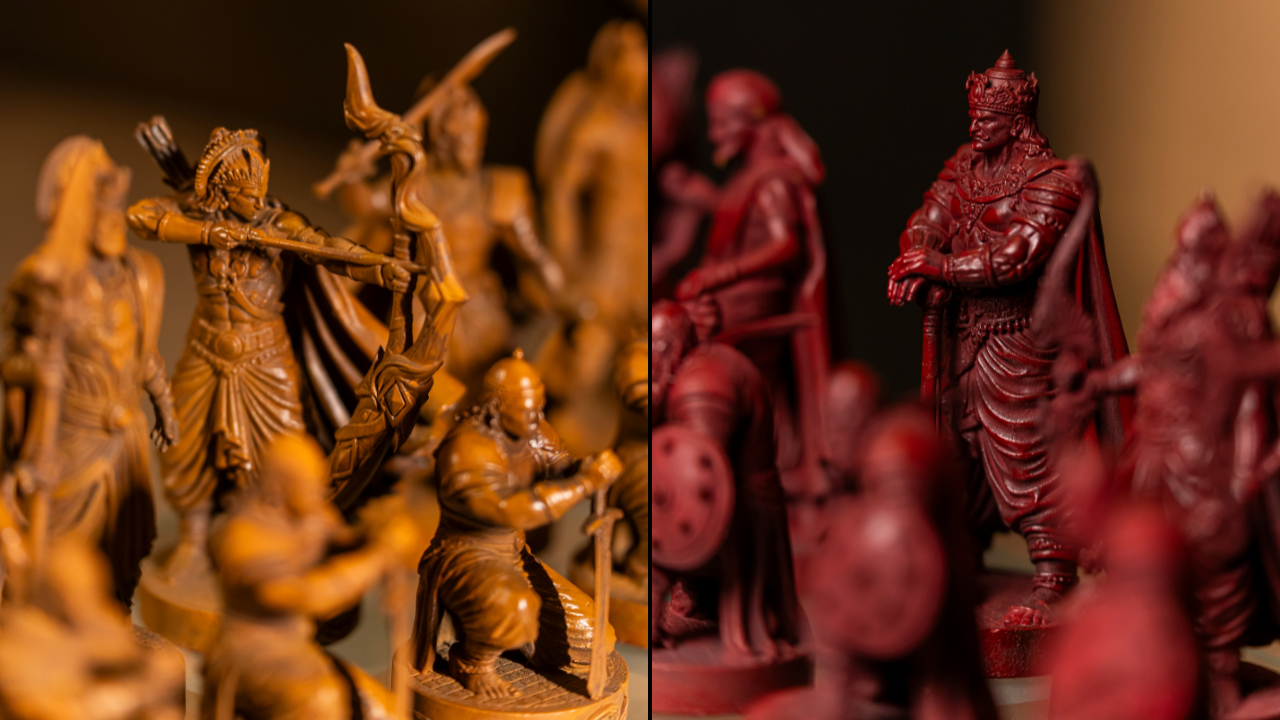 Pandav and Kaurav warrior pieces — yellow and red